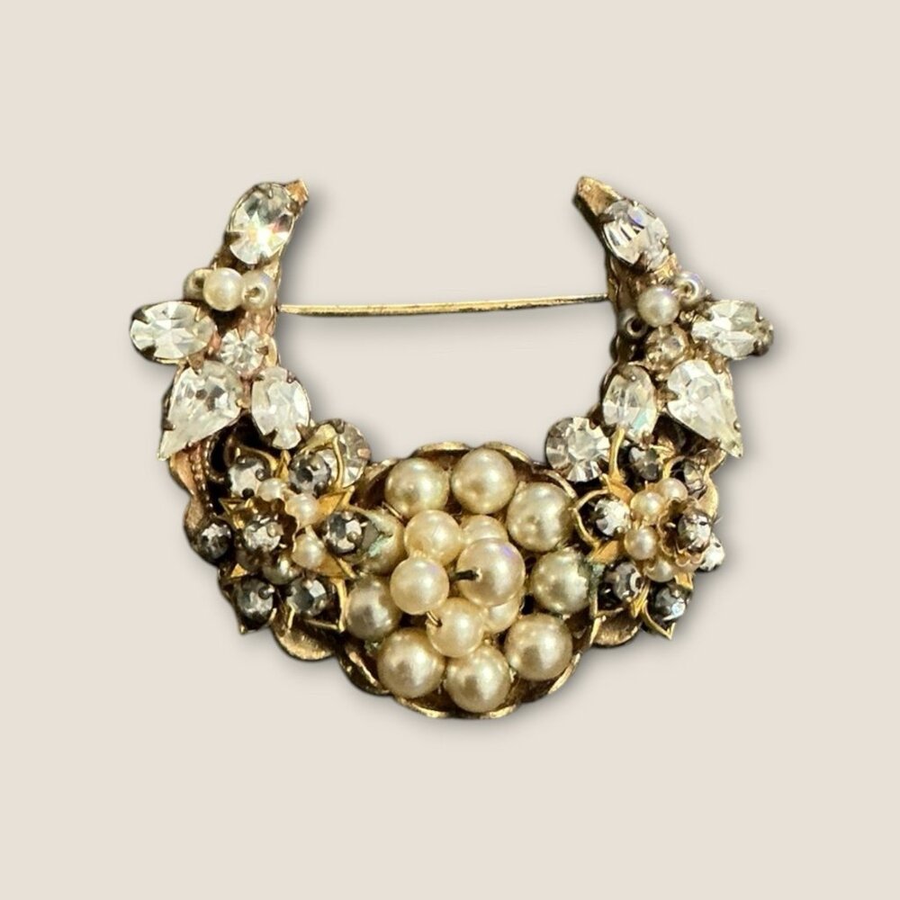 Vintage Estate Original By Robert Beaded  Rhinestone  Pearl Crescent Brooch